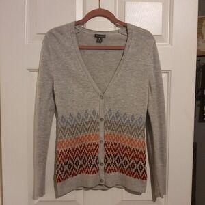 Eddie Bauer Fair Isle Cardigan Sweater Small Gray Multicolor Geometric Button